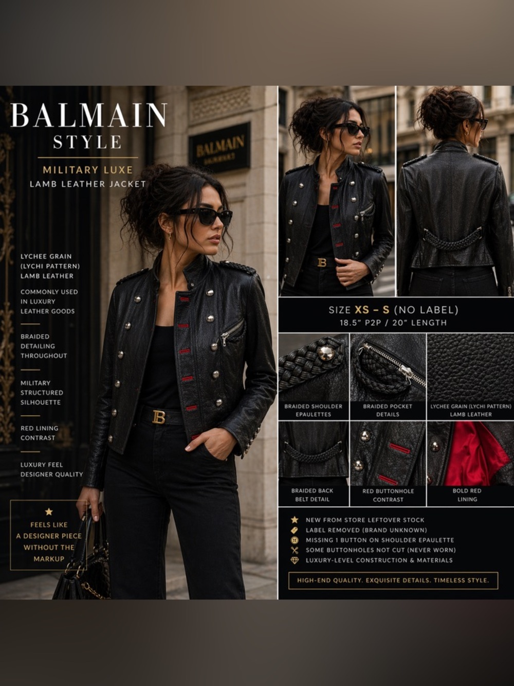 Women’s Balmain-Style Black Leather Military Jacket with Red Trim Size XS/S